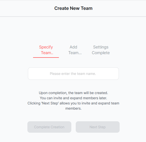 Team dropdown open showing team list with Create New option at the bottom