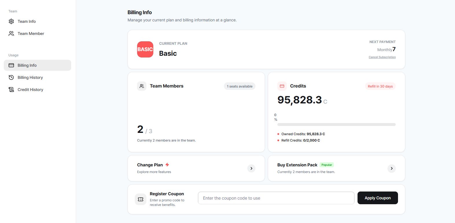 Billing info panel showing billing details and amounts