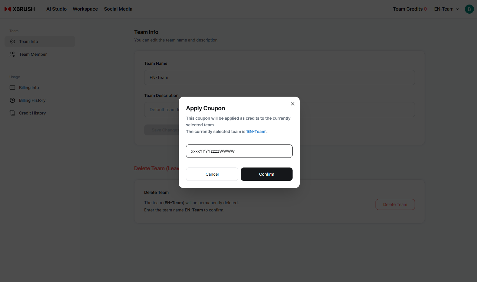 Coupon code input form on the team settings screen