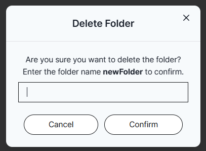 Folder deletion confirmation popup asking to enter the folder name before proceeding