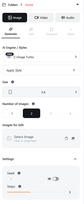 Left control panel showing AI engine selector, style apply, and reference image options
