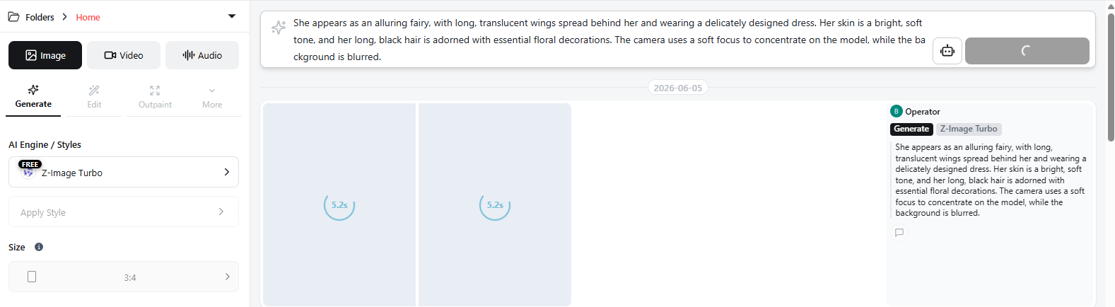 Four image thumbnails loading in the results feed while generation is in progress