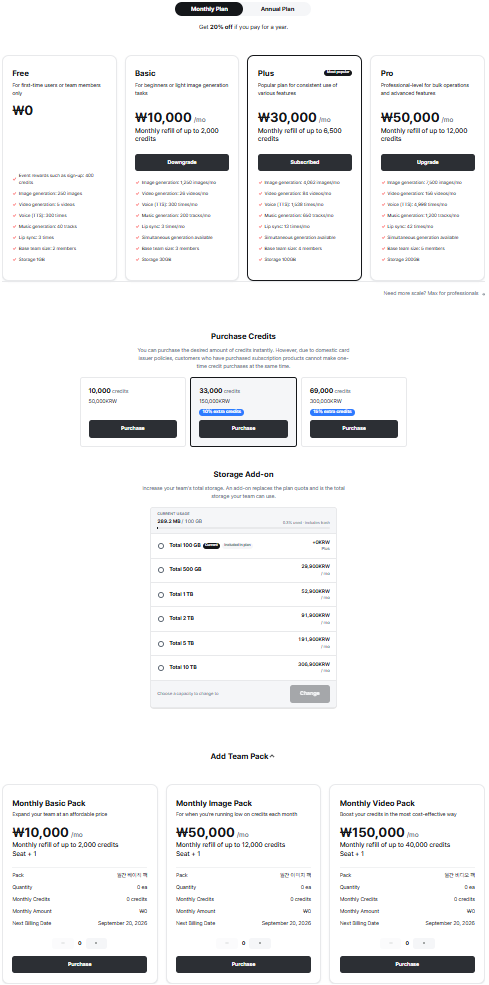 The pricing screen, showing subscription plans, one-off credit purchase, storage add-ons, and team packs