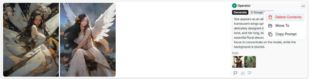 Task card in results feed showing prompt text, AI engine label, and copy and delete action icons