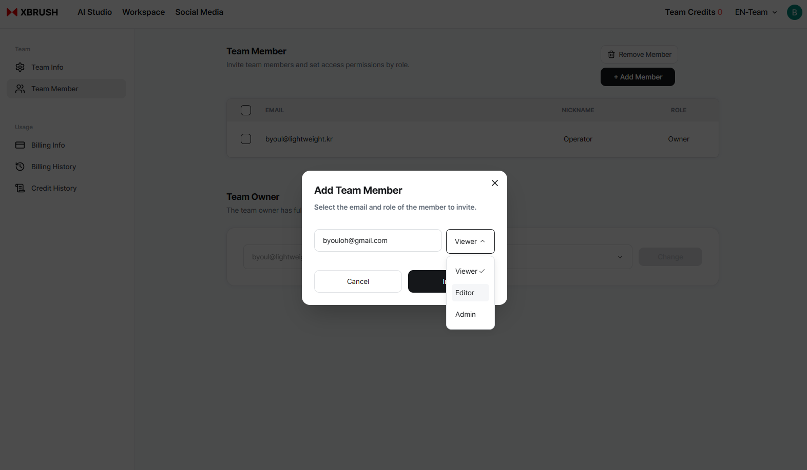 Add member form with email address input and role selector
