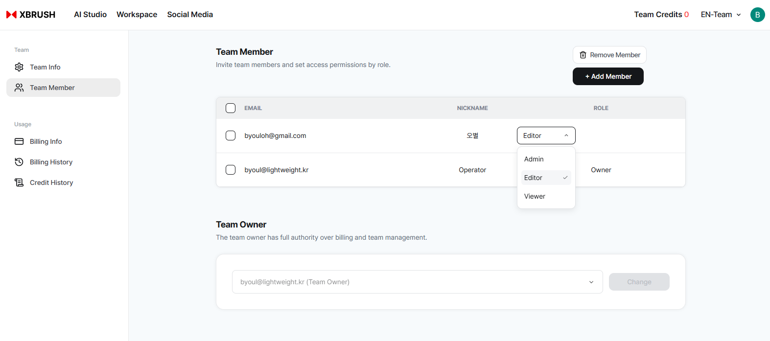 Role selector dropdown open next to a team member's name