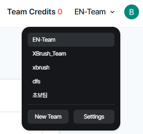 Team name dropdown selector in the left control panel of the Workspace screen