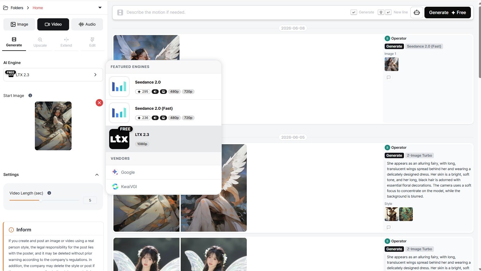 Video tab showing start image upload slot, AI engine selector, and video length slider