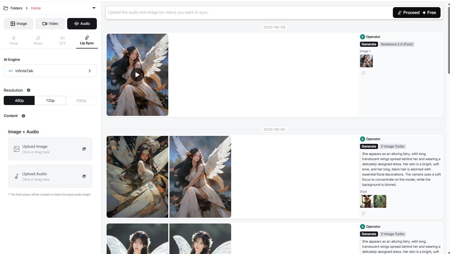 Audio tab with Voice, Music, Sound Effects, and Lip Sync sub-tabs