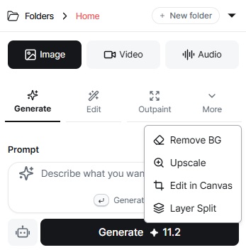 More options dropdown revealing additional image processing modes in the Image tab
