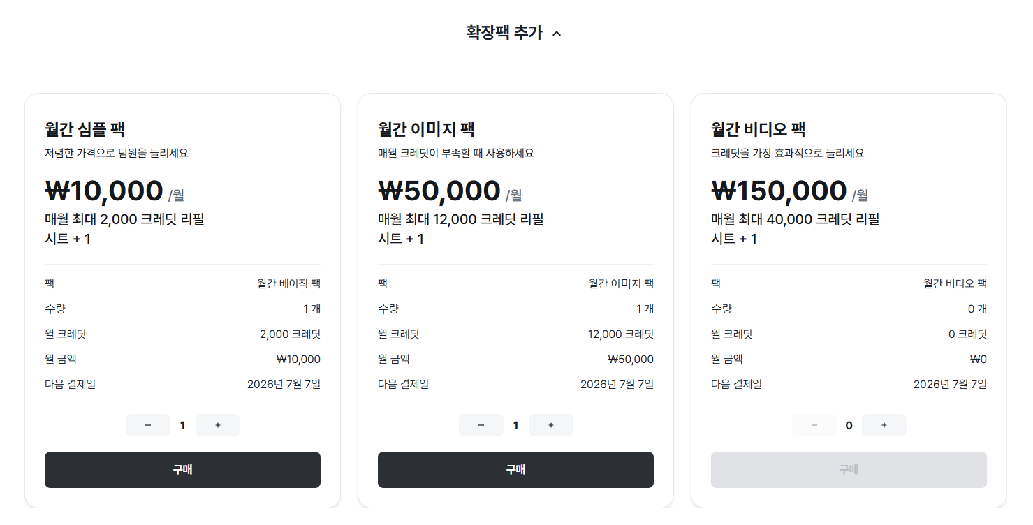 추가 버튼과 가격이 있는 확장팩 옵션 목록
